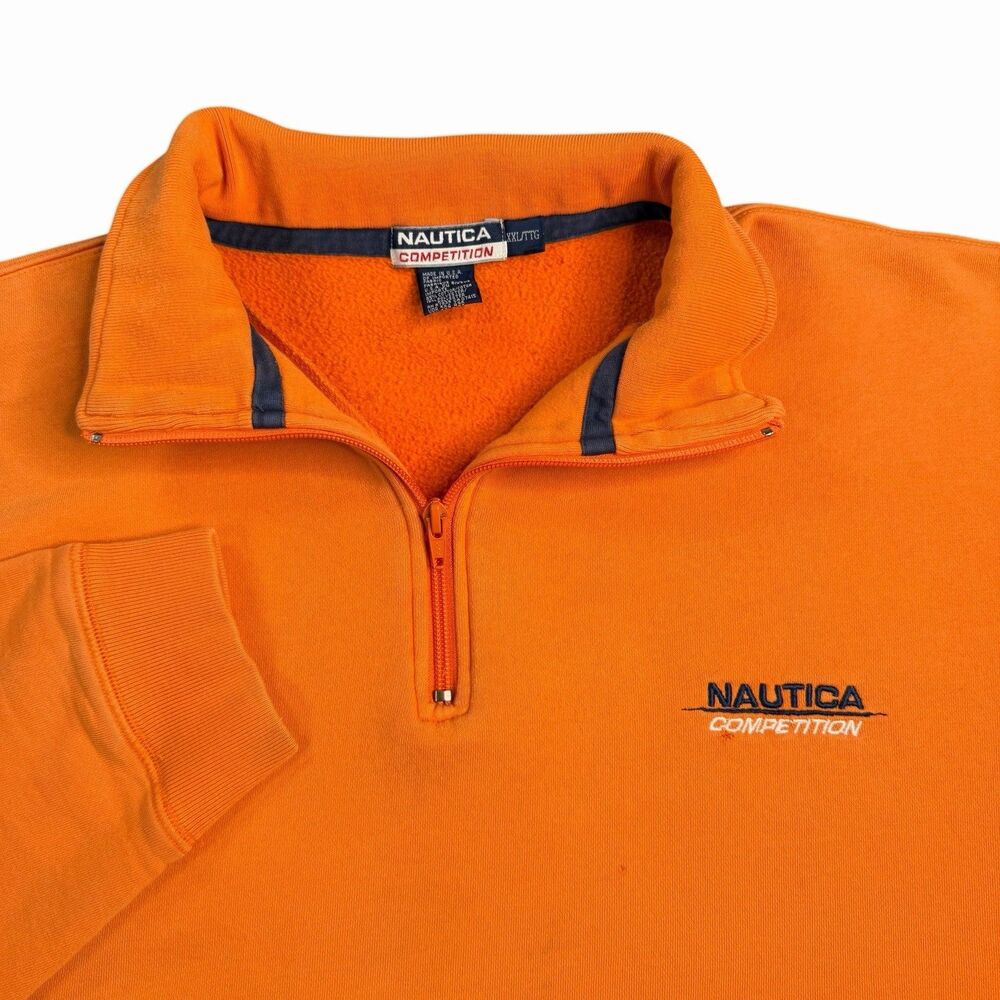 VTG Nautica Competition 1/4 Zip Sweatshirt Men’s XXL Orange Fleece Logo 90s USA
